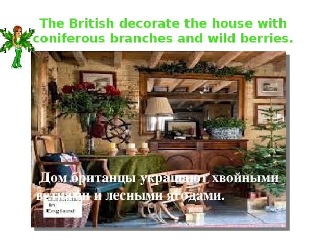 The British decorate the house with coniferous branches and wild berries.  Дом британцы украшают хвойными ветками и лесными ягодами. 