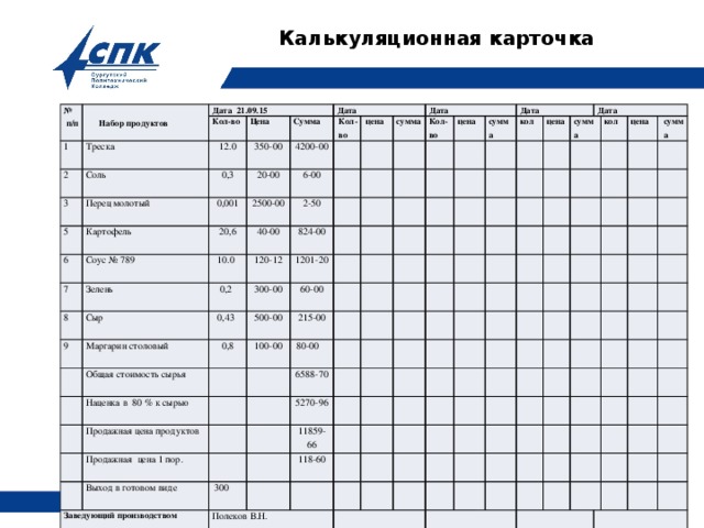 1с диетическое питание калькуляционная карточка где посмотреть