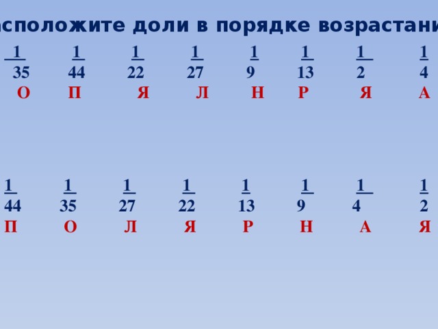 В порядке возрастания 1 3. Доли в порядке возрастания. Расположить доли в порядке возрастания. Расположи доли в порядке возрастания. Доли в порядке убывания.