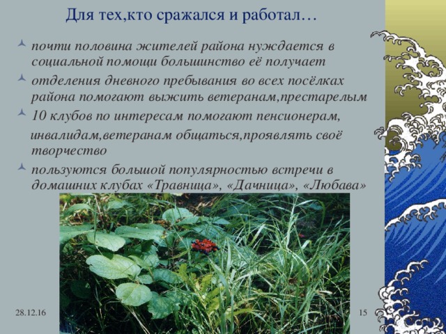 Для тех,кто сражался и работал… почти половина жителей района нуждается в социальной помощи большинство её получает отделения дневного пребывания во всех посёлках района помогают выжить ветеранам,престарелым 10 клубов по интересам помогают пенсионерам,  инвалидам,ветеранам общаться,проявлять своё творчество пользуются большой популярностью встречи в домашних клубах «Травница», «Дачница», «Любава» 28.12.16  