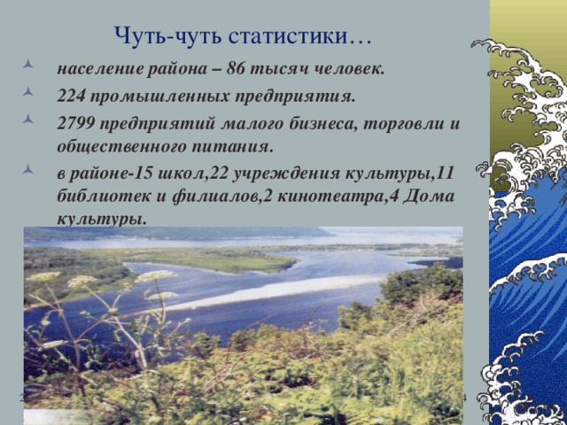 Чуть-чуть статистики… население района – 86 тысяч человек. 224 промышленных предприятия. 2799 предприятий малого бизнеса, торговли и общественного питания. в районе-15 школ,22 учреждения культуры,11 библиотек и филиалов,2 кинотеатра,4 Дома культуры. 28.12.16   