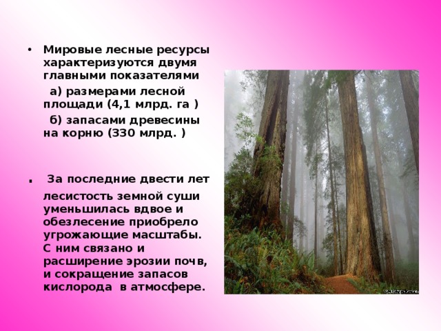 Мировые лесные ресурсы характеризуются двумя главными показателями  а) размерами лесной площади (4,1 млрд. га )  б) запасами древесины на корню (330 млрд. )  . За последние двести лет лесистость земной суши уменьшилась вдвое и обезлесение приобрело угрожающие масштабы. С ним связано и расширение эрозии почв, и сокращение запасов кислорода в атмосфере. 