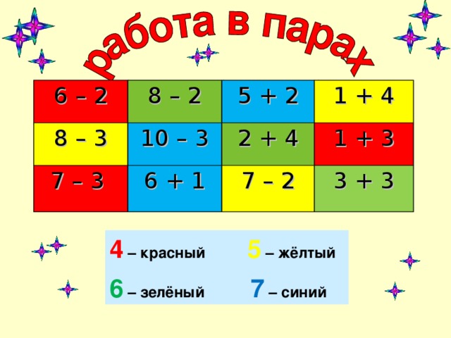 6 – 2 6 – 2 8 – 2 8 – 3 8 – 3 8 – 2 10 – 3 10 – 3 7 – 3 7 – 3 5 + 2 5 + 2 6 + 1 2 + 4 1 + 4 6 + 1 2 + 4 1 + 4 1 + 3 1 + 3 7 – 2 7 – 2 3 + 3 3 + 3 4 – красный 5 – жёлтый 6 – зелёный 7 – синий 
