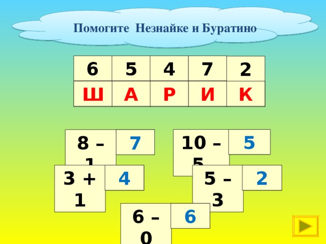  Помогите Незнайке и Буратино 5 4 7 6 2 А К И Ш Р      А 10 – 5 5 И 7 8 – 1 2 4 К 5 – 3 3 + 1 Р 6 – 0 Ш 6 27 