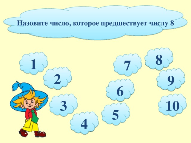 Назовите число, которое предшествует числу 8 8 1 7 2 9 6 3 10 5 4  