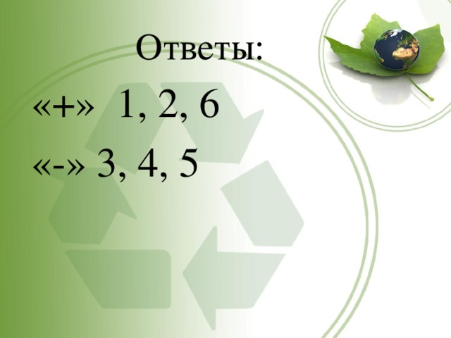 Ответы: «+» 1, 2, 6 «-» 3, 4, 5 