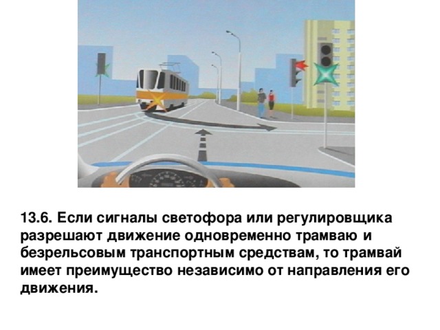 13.6. Если сигналы светофора или регулировщика разрешают движение одновременно трамваю и безрельсовым транспортным средствам, то трамвай имеет преимущество независимо от направления его движения. 