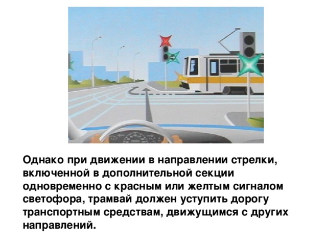 Однако при движении в направлении стрелки, включенной в дополнительной секции одновременно с красным или желтым сигналом светофора, трамвай должен уступить дорогу транспортным средствам, движущимся с других направлений. 