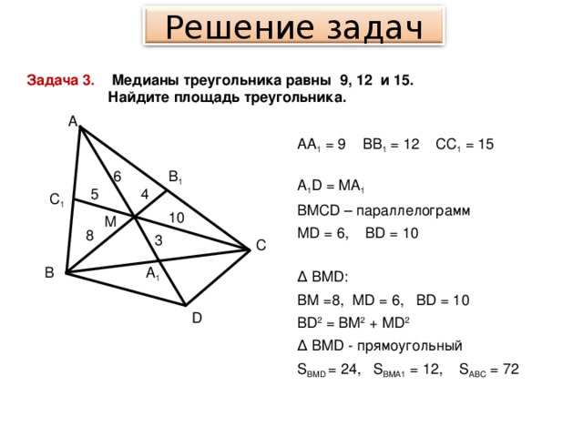 Решение задач Задача 3. Медианы треугольника равны 9, 12 и 15.  Найдите площадь треугольника. А AA 1 = 9 BB 1 = 12 CC 1 = 15 6 B 1 A 1 D = MA 1 BMCD – параллелограмм М D = 6, BD = 10 5 4 C 1 10 М 8 3 С В A 1 ∆  BMD : ВМ =8, М D = 6, В D = 10 BD 2 = BM 2 + MD 2 ∆  BMD - прямоугольный S BMD  =  24, S BMA 1 = 12, S ABC = 72 D
