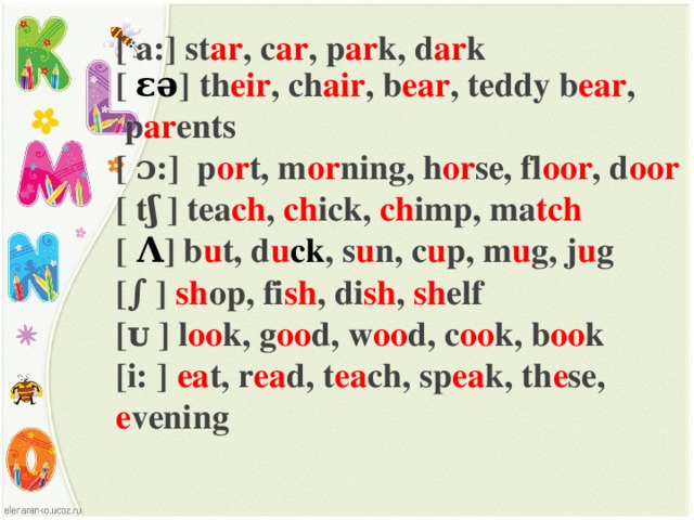  [  ɛə ]  th eir , ch air , b ear , teddy b ear ,  p ar ents [ ɔ:] p or t, m or ning, h or se, fl oor , d oor [ tʃ ] tea ch , ch ick, ch imp, ma tch [   Λ ] b u t, d u ck , s u n, c u p, m u g, j u g [∫ ] sh op, fi sh , di sh , sh elf [ᴜ ] l oo k, g oo d, w oo d, c oo k, b oo k [i: ] ea t, r ea d, t ea ch, sp ea k, th e se, e vening [ a:] st ar , c ar , p ar k, d ar k 