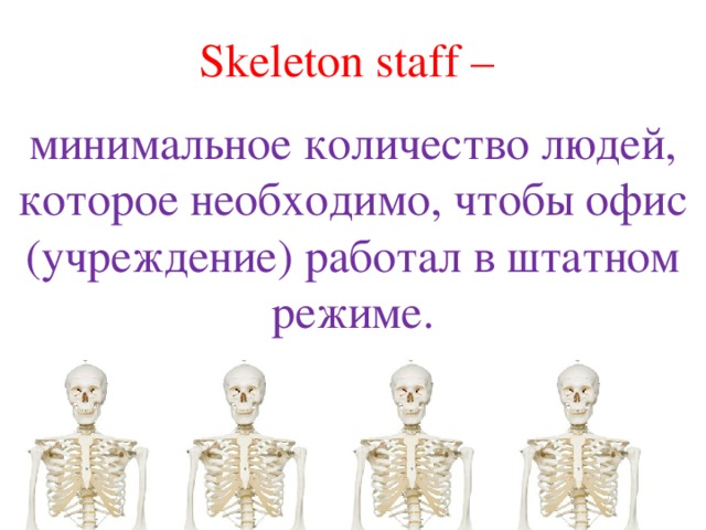 Skeleton staff – минимальное количество людей, которое необходимо, чтобы офис (учреждение) работал в штатном режиме. 
