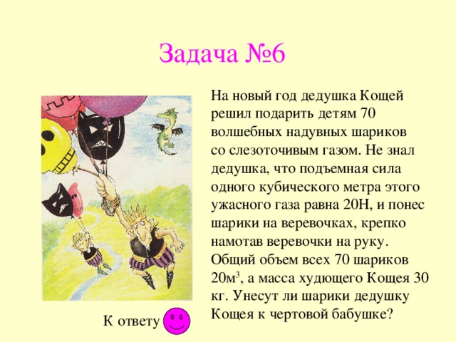 Задача №6 На новый год дедушка Кощей решил подарить детям 70 волшебных надувных шариков со слезоточивым газом. Не знал дедушка, что подъемная сила одного кубического метра этого ужасного газа равна 20Н, и понес шарики на веревочках, крепко намотав веревочки на руку. Общий объем всех 70 шариков 20м 3 , а масса худющего Кощея 30 кг. Унесут ли шарики дедушку Кощея к чертовой бабушке? К ответу 