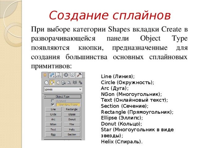 Создание сплайнов При выборе категории Shapes вкладки Create в разворачивающейся панели Object Type появляются кнопки, предназначенные для создания большинства основных сплайновых примитивов: Line (Линия);  Circle (Окружность);  Arc (Дуга);  NGon (Многоугольник);  Text (Онлайновый текст);  Section (Сечение);  Rectangle (Прямоугольник);  Ellipse (Эллипс);  Donut (Кольцо);  Star (Многоугольник в виде звезды);  Helix (Спираль).  