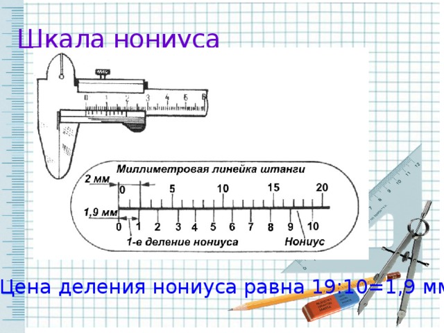 Шкала нониуса Цена деления нониуса равна 19:10=1,9 мм