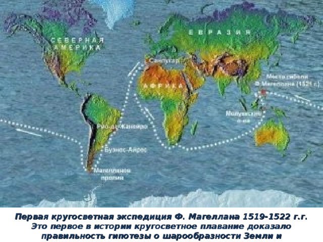 Первая кругосветная экспедиция Ф. Магеллана 1519-1522 г.г. Это первое в истории кругосветное плавание доказало правильность гипотезы о шарообразности Земли и нераздельности океанов, омывающих сушу. 