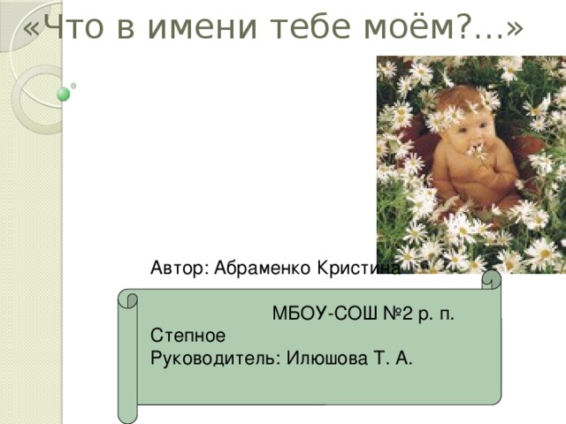 «Что в имени тебе моём?...»       круг общения   Автор: Абраменко Кристина  МБОУ-СОШ №2 р. п. Степное Руководитель: Илюшова Т. А. 