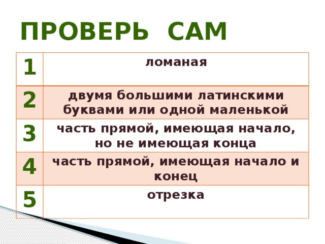 ПРОВЕРЬ САМ 1 ломаная 2 двумя большими латинскими буквами или одной маленькой 3 часть прямой, имеющая начало, но не имеющая конца 4 часть прямой, имеющая начало и конец 5 отрезка 