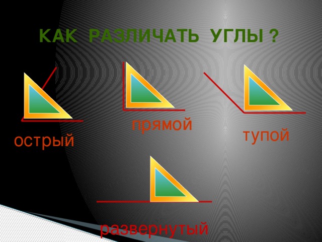  КАК РАЗЛИЧАТЬ УГЛЫ ? прямой прямой тупой острый   развернутый 