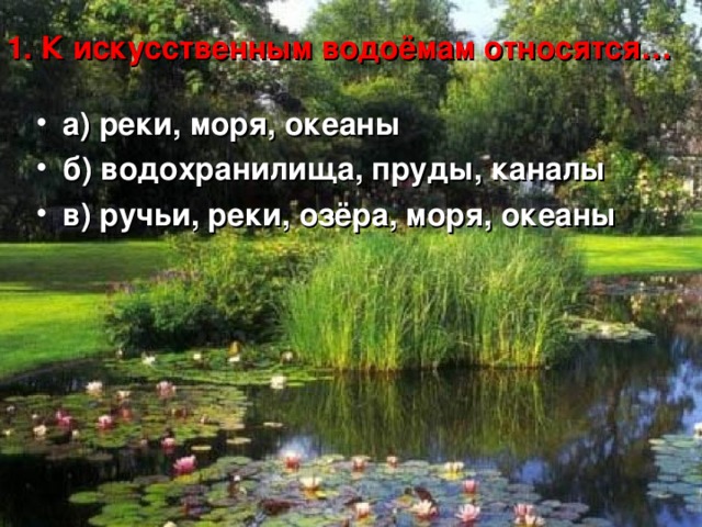 1. К искусственным водоёмам относятся…   а) реки, моря, океаны б) водохранилища, пруды, каналы в) ручьи, реки, озёра, моря, океаны 