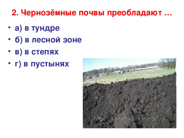 2. Чернозёмные почвы преобладают …   а) в тундре б) в лесной зоне в) в степях г) в пустынях  