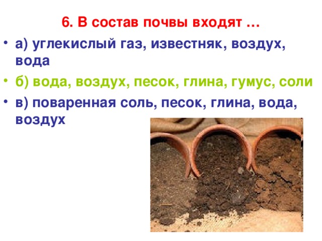 6. В состав почвы входят …   а) углекислый газ, известняк, воздух, вода б) вода, воздух, песок, глина, гумус, соли в) поваренная соль, песок, глина, вода, воздух 