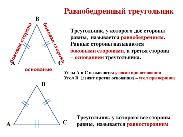 боковая сторона боковая сторона Равнобедренный треугольник В Треугольник, у которого две стороны равны, называется равнобедренным . Равные стороны называются боковыми сторонами , а третья сторона – основанием треугольника. С А основание Углы А и С называются углами при основании Угол В (лежит против основания) – угол при вершине В Треугольник, у которого все стороны равны, называется равносторонним С А 