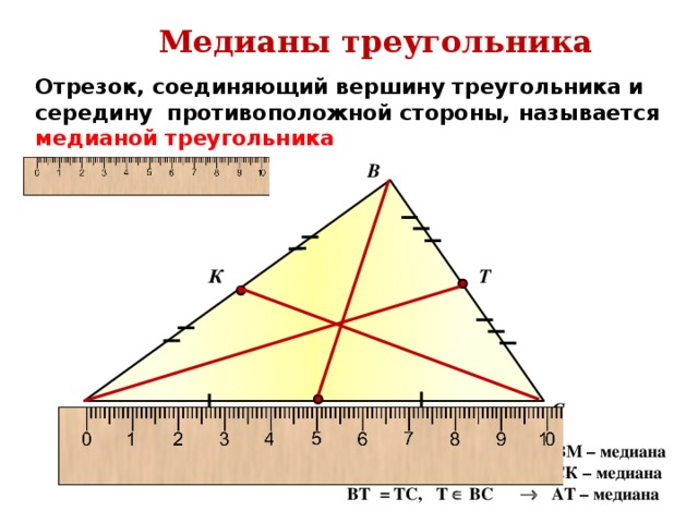 Медианы треугольника Отрезок, соединяющий вершину треугольника и середину противоположной стороны, называется медианой треугольника В Т К С А М АМ = МС, М  АС  ВМ – медиана АК = КВ, К  АВ  СК – медиана ВТ = ТС, Т  ВС  АТ – медиана 