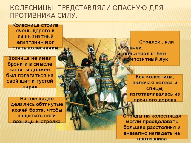 Колесницы представляли опасную для противника силу. Колесница стоила очень дорого и лишь знатный египтянин мог стать колесничим  Стрелок , или сеней,  использовал в бою  композитный лук Возница не имел брони и в смысле защиты должен был полагаться на свой щит и густой парик Вся колесница, включая колеса и спицы, изготавливалась из прочного дерева На площадке делались обтянутые кожей борта, чтобы защитить ноги возницы и стрелка Отряды на колесницах могли преодолевать большие расстояния и внезапно нападать на противника 