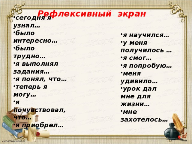 Рефлексивный экран сегодня я узнал… было интересно… было трудно… я выполнял задания… я понял, что… теперь я могу… я почувствовал, что… я приобрел… я научился… у меня получилось … я смог… я попробую… меня удивило… урок дал мне для жизни… мне захотелось…  