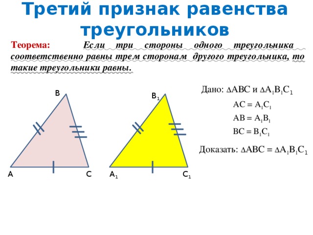 Третий признак равенства треугольников Теорема:  Если три стороны одного треугольника соответственно равны трем сторонам другого треугольника , то такие треугольники равны. Дано: Δ АВС и Δ А 1 В 1 С 1 В В 1 АС = А 1 С 1 АВ = А 1 В 1 ВС = В 1 С 1 Доказать: Δ АВС = Δ А 1 В 1 С 1 С 1 А 1 С А 