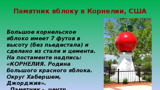 Памятник яблоку в Корнелии, США Большое корнельское яблоко имеет 7 футов в высоту (без пьедестала) и сделано из стали и цемента. На постаменте надпись: «КОРНЕЛИЯ. Родина большого красного яблока. Округ Хабершем, Джорджия».  Памятник - центр ежегодного Яблочного фестиваля, проводимого здесь в первую неделю октября.  