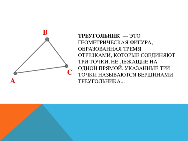 В Треугольник — это геометрическая фигура, образованная тремя отрезками, которые соединяют три точки, не лежащие на одной прямой. Указанные три точки называются вершинами треугольника...   С А 
