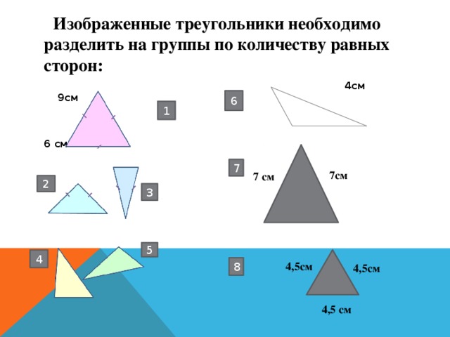  Изображенные треугольники необходимо разделить на группы по количеству равных сторон:  4см 9см   6 см 6 1 7 7см 7 см 2 3 5 4 4,5см 8 4,5см 4,5 см 