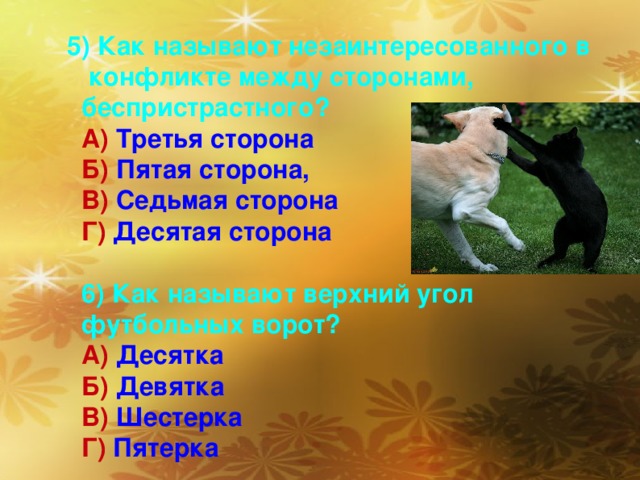 5) Как называют незаинтересованного в  конфликте между сторонами, беспристрастного?  А) Третья сторона  Б) Пятая сторона,  В) Седьмая сторона  Г) Десятая сторона   6) Как называют верхний угол футбольных ворот?  А) Десятка  Б) Девятка  В) Шестерка  Г) Пятерка