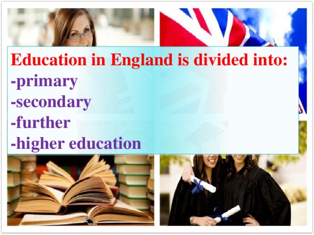 Education in England is divided into: -primary -secondary -further -higher education 