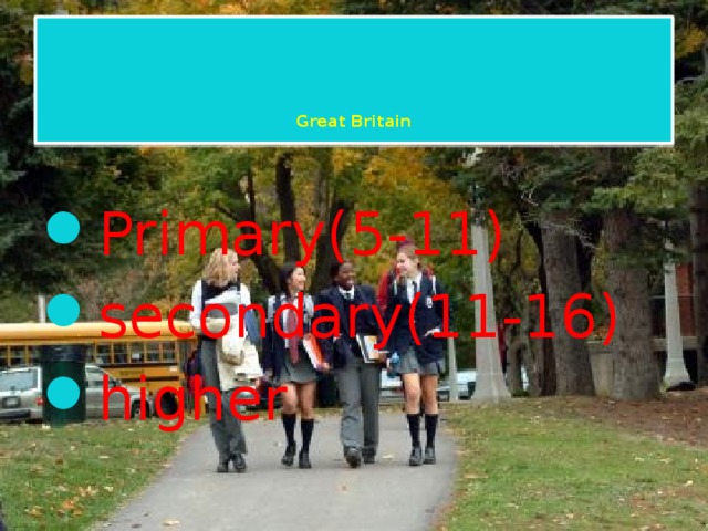        Great Britain   Primary(5-11) secondary(11-16) higher 