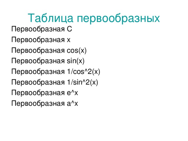 Таблица первообразных Первообразная С Первообразная х Первообразная cos(x) Первообразная sin(x) Первообразная 1/cos^2(x) Первообразная 1/sin^2(x) Первообразная e^x Первообразная a^x 