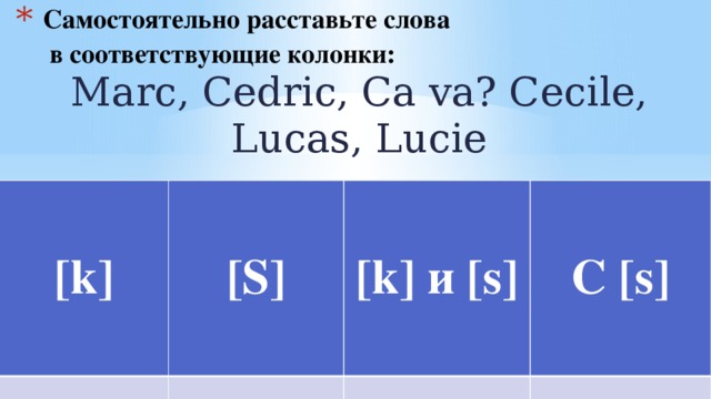 Самостоятельно расставьте слова  в соответствующие колонки:   Marc, Cedric, Ca va? Cecile, Lucas, Lucie   [k]   [S]   [k] и [s] C [s] 