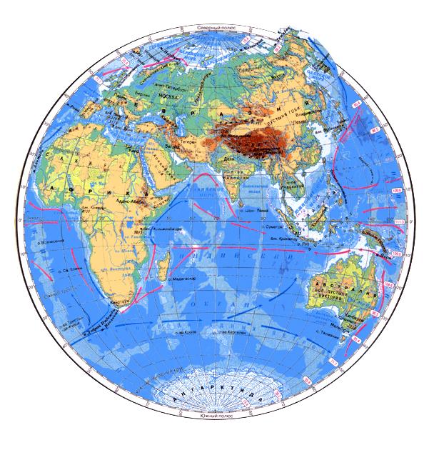 Физическая карта восточного полушария в крупном масштабе