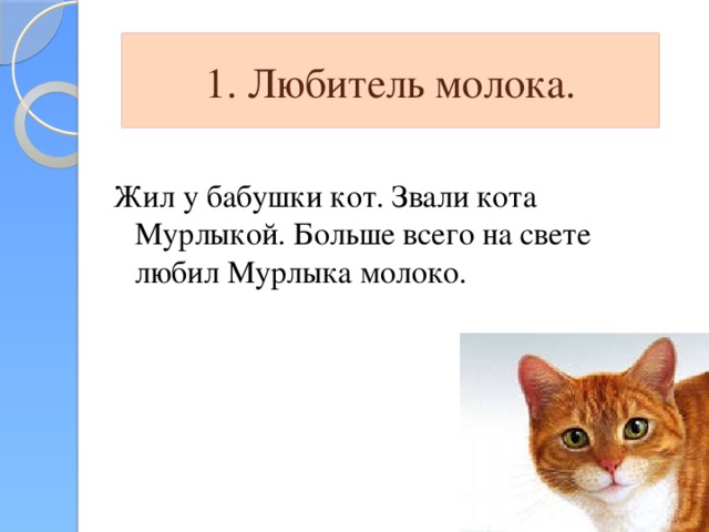 1. Любитель молока. Жил у бабушки кот. Звали кота Мурлыкой. Больше всего на свете любил Мурлыка молоко.