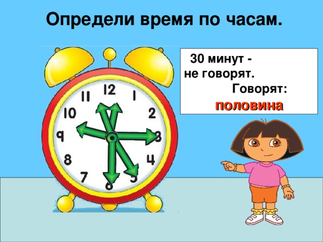 Определи время по часам. 30 минут - не говорят. Говорят: половина 