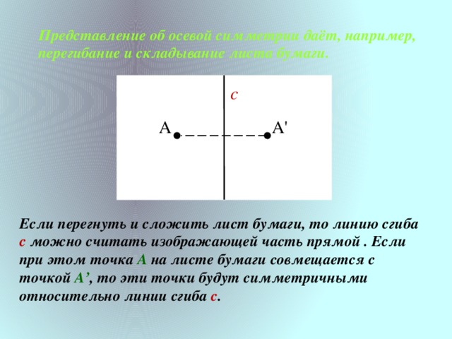 Изображать считать. Симметрия линия сгиба. Симметрия на листе относительно сгиба фигуры. Осевая симметрия на примере сложенного листка бумаги. Ось симметрии и линия сгиба.