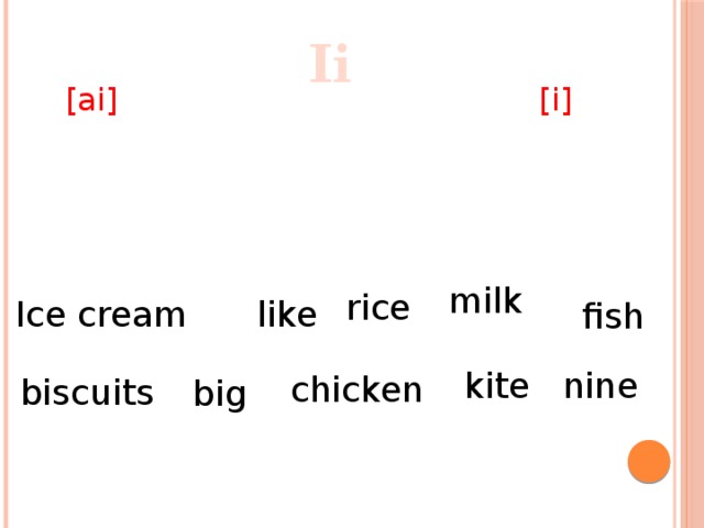 Ii [ai] [i] milk rice Ice cream like fish nine kite chicken biscuits big 