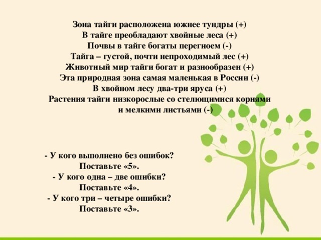 Зона тайги расположена южнее тундры (+) В тайге преобладают хвойные леса (+) Почвы в тайге богаты перегноем (-) Тайга – густой, почти непроходимый лес (+) Животный мир тайги богат и разнообразен (+) Эта природная зона самая маленькая в России (-) В хвойном лесу два-три яруса (+) Растения тайги низкорослые со стелющимися корнями и мелкими листьями (-) - У кого выполнено без ошибок? Поставьте «5». - У кого одна – две ошибки? Поставьте «4». - У кого три – четыре ошибки? Поставьте «3». 