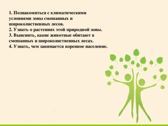 1. Познакомиться с климатическими условиями зоны смешанных и широколиственных лесов. 2. Узнать о растениях этой природной зоны. 3. Выяснить, какие животные обитают в смешанных и широколиственных лесах. 4. Узнать, чем занимается коренное население. 
