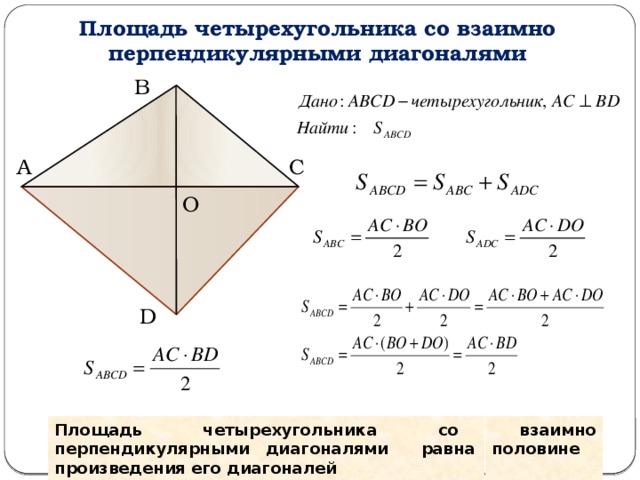 Площадь четырехугольника со взаимно перпендикулярными диагоналями В А С О D Площадь четырехугольника со взаимно перпендикулярными диагоналями равна половине произведения его диагоналей 