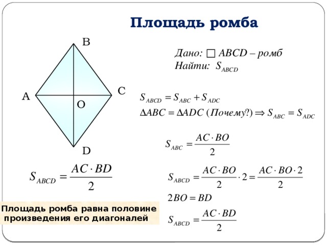 Основания любой трапеции параллельны диагонали ромба равны. Вывод формулы площади ромба через диагонали. Формула нахождения площади ромба. Площадь ромба доказательство теоремы 8 класс. Формула площади ромба по диагоналям 8 класс.