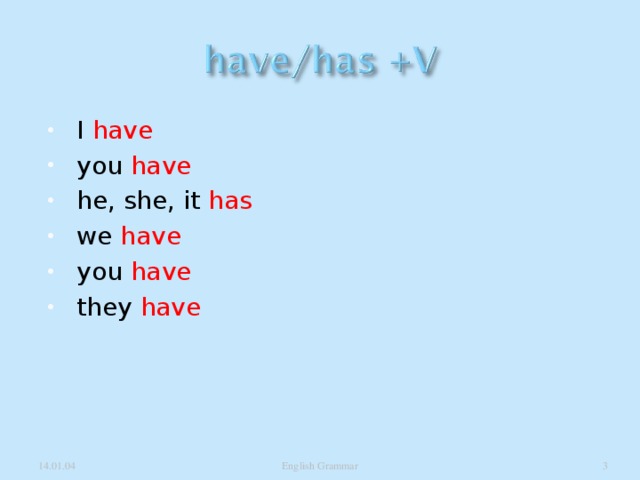 I have you have  he, she, it has we have you have  they have  14.01.04 English Grammar  