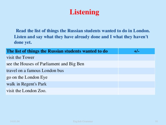 Listening    Read the list of things the Russian students wanted to do in London. Listen and say what they have already done and I what they haven't done yet. The list of things the Russian students wanted to do +/- visit the Tower   see the Houses of Parliament and Big Ben   travel on a famous London bus   go on the London Eye  walk in Regent's Park     visit the London Zoo.   English Grammar  14.01.04 