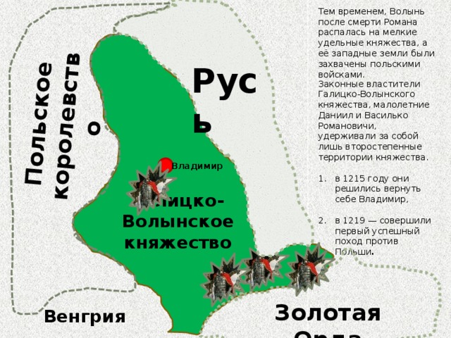 Тем временем, Волынь после смерти Романа распалась на мелкие удельные княжества, а её западные земли были захвачены польскими войсками. Польское королевство Русь Законные властители Галицко-Волынского княжества, малолетние Даниил и Василько Романовичи, удерживали за собой лишь второстепенные территории княжества. в 1215 году они решились вернуть себе Владимир, в 1219 — совершили первый успешный поход против Польши . Владимир Галицко-Волынское княжество Золотая Орда Венгрия  